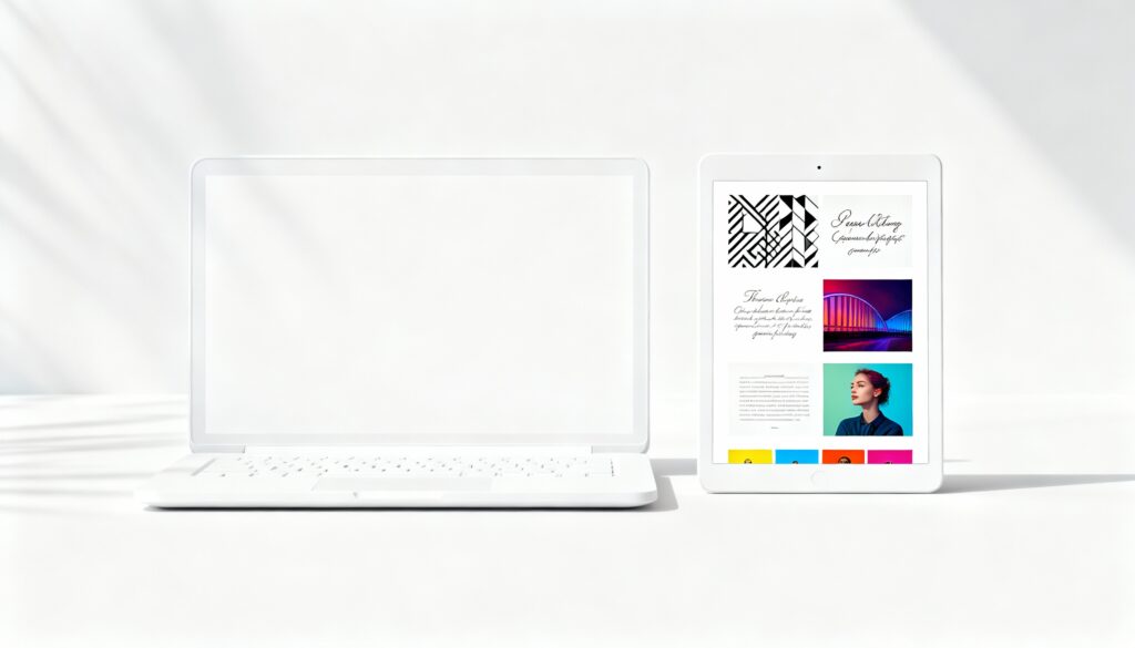 Portfolio kỹ thuật số đa dạng trên laptop và tablet